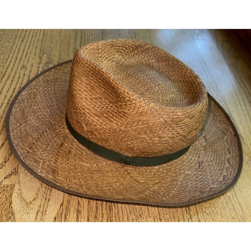 VTG  WW Straw Fedora Hat Brown Woven Wide Brim Grosgrain Green Band Columbia M